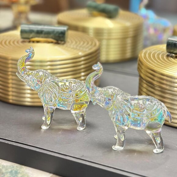 Iridescent Glass Elephants Facing Each Other with Rainbow Hues, Clear - Picture 5 of 5